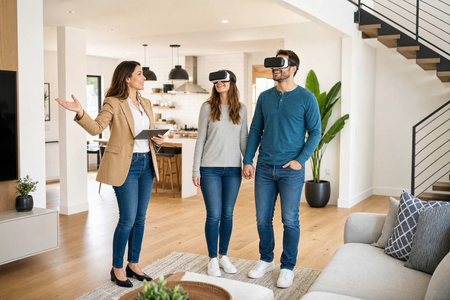 Interior designer presenting an immersive VR walkthrough to clients