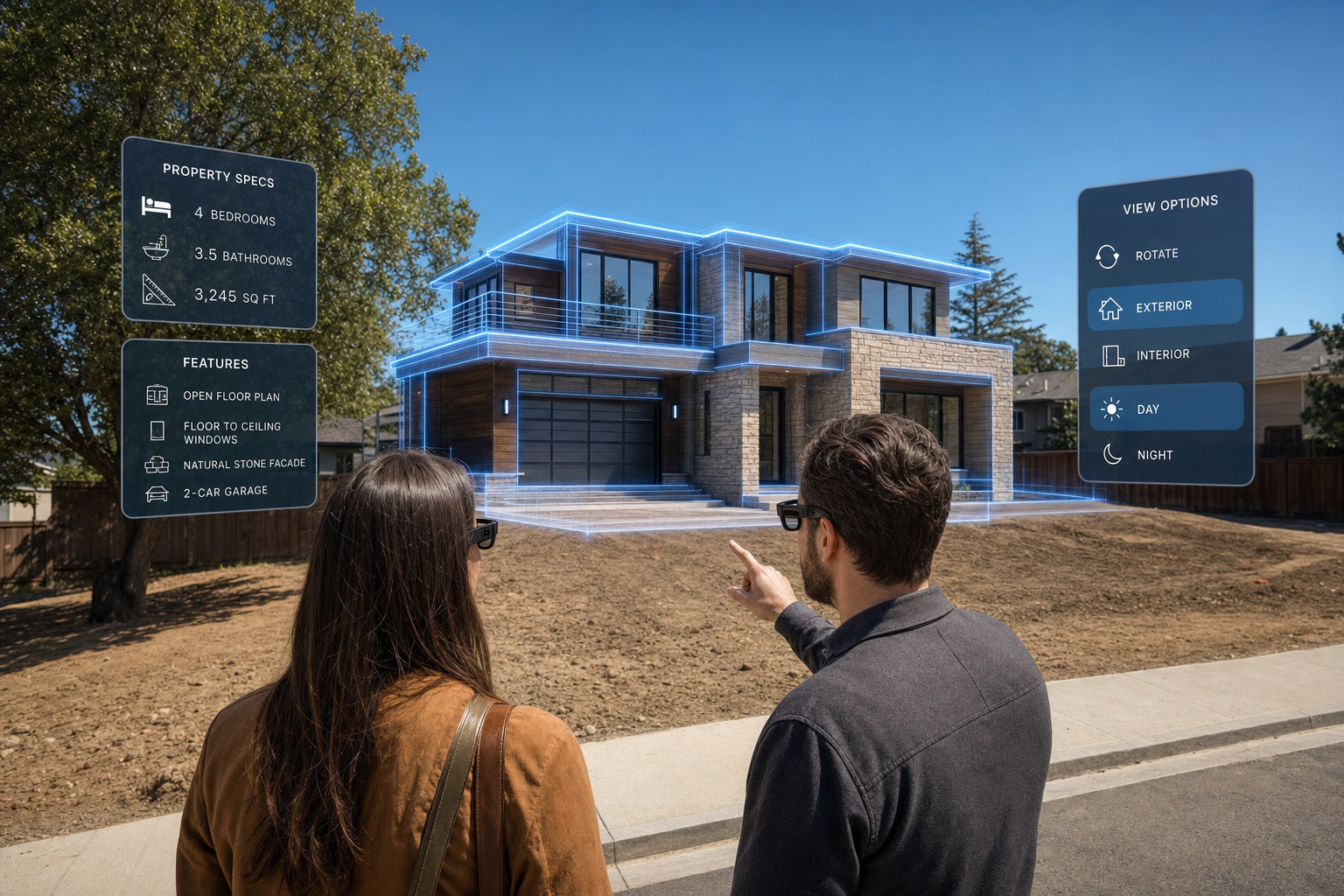 Couple viewing an augmented reality home visualization on a vacant lot before construction