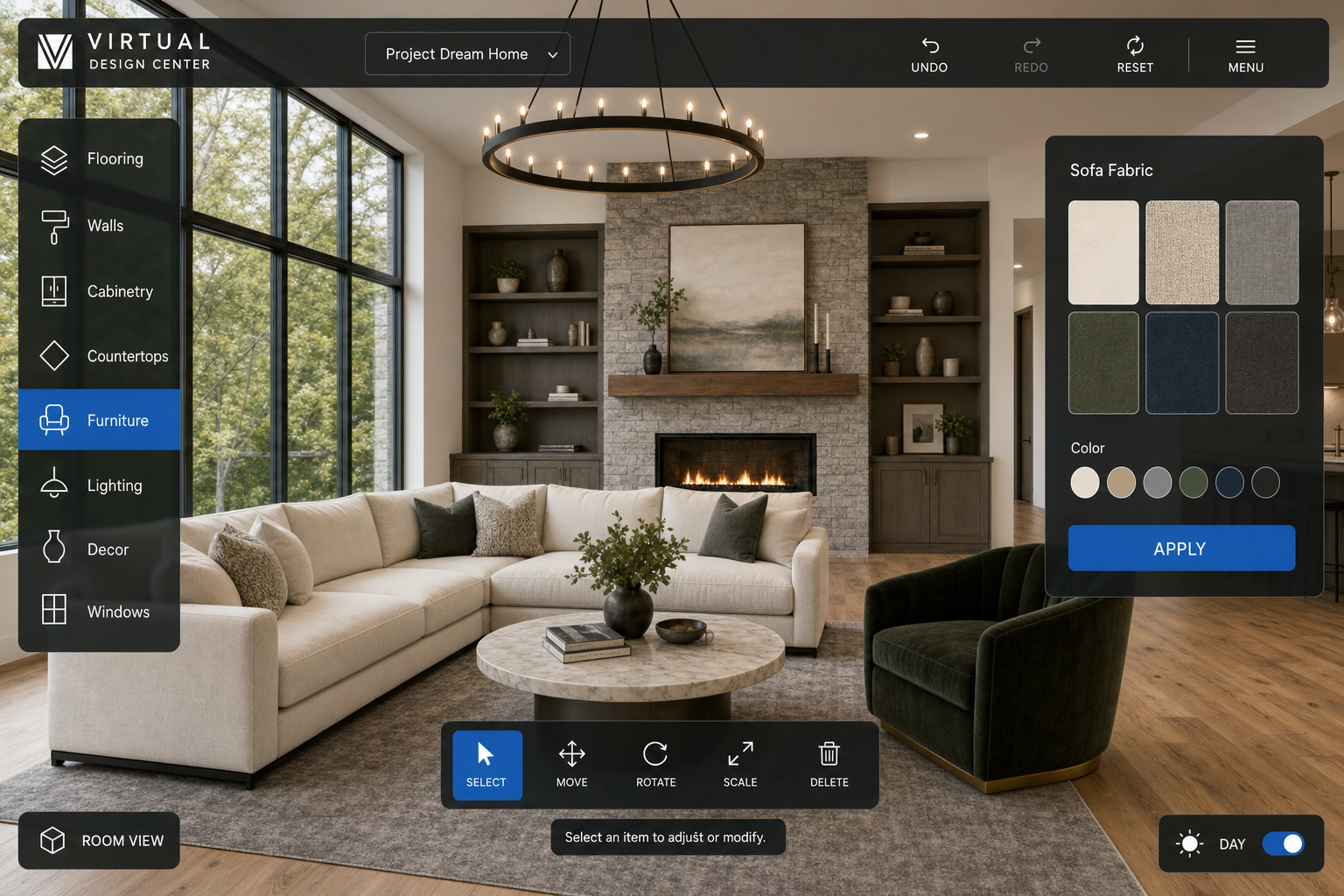 Virtual Design Center interface showing real-time furniture and finish configuration in VR